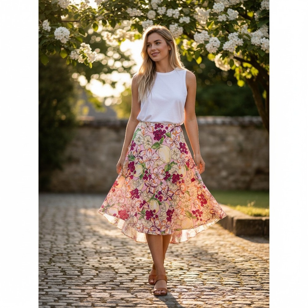 Lane Bryant Skirt 18/20 Floral Fruits Hanky Hem Ruffle Chiffon Cotttage Chic